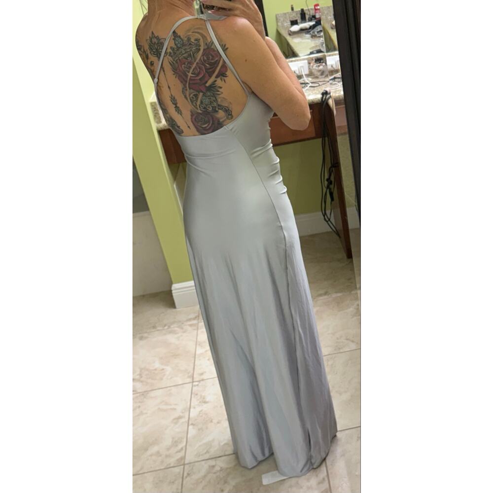 OYS One Shoulder Satin High Split Wedding Maxi Formal silver dress NWT Medium - Picture 4 of 5